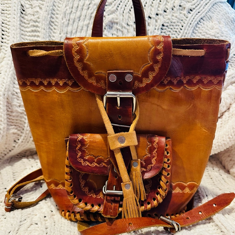 Mexican Leather Backpack Buckles Drawstring Tooled Designed Flaps Front Pocket